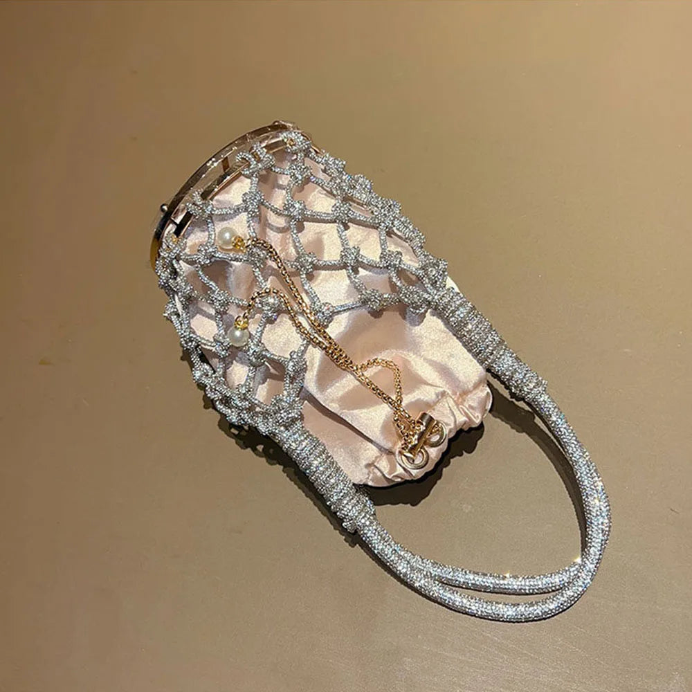 New Spring Summer Hollow Out Women Handbag Shiny Rhinestone Mesh Bag Bucket Shape Underarm Bag Trendy Shoulder Bags For Ladies