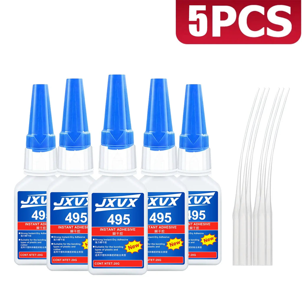 New 495 Multi-Purpose Super Glue Original Cyanoacrylate Adhesive 5-second quick-dry Instant Fast Adhesive Rubber Wood Glass Stronger All Bonding Glue 20g Includes precision dispenser 5PCS.