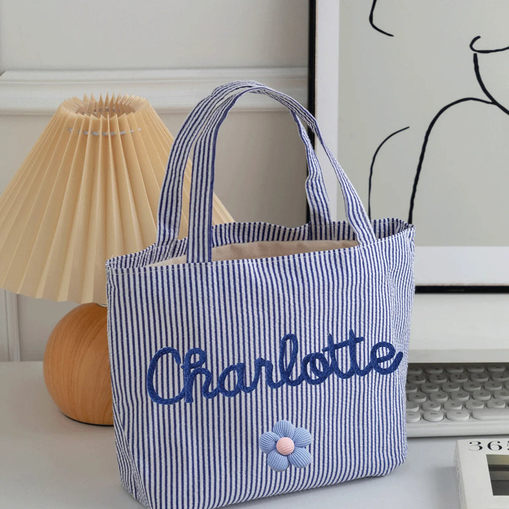 Custom Seersucker Cosmetic Handbag and Travel Organizer — Personalized Chenille Letter Toiletry Bag and Summer Beach Tote