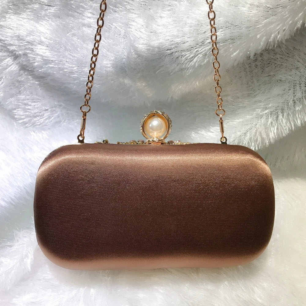 SHELKSBAG Women Stone Heavy Beaded Evening Bags Vintage Brown Suede Rhinestone Metal Formal Events Clutch Bag Luxury Party Purse