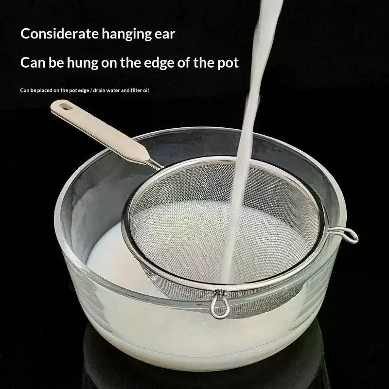 Durable 304 Stainless Steel Residue Filter With Plastic Handle Fine Mesh Strainer Flour Sieve Oil Skimmer Spoon Kitchen Utensils