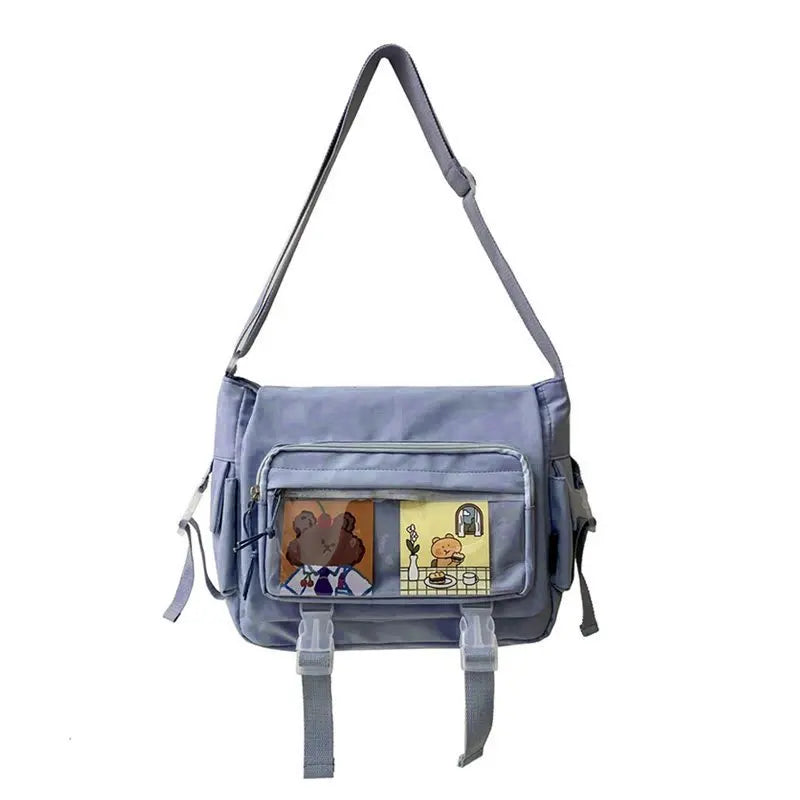 Kawaii Nylon Crossbody Bag, Clear Pocket Front Shoulder Bag, Student Flap Messenger Bag