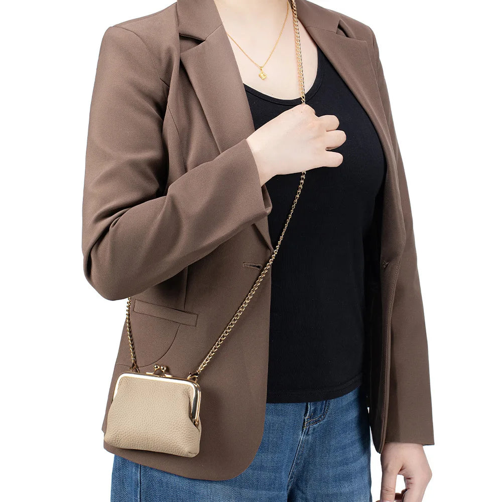 Women's Kiss Lock Crossbody Bag Genuine Leather Mini Handbags Kiss Clasp Crossbody Shoulder Bags Coin Purse Messenger Handbag