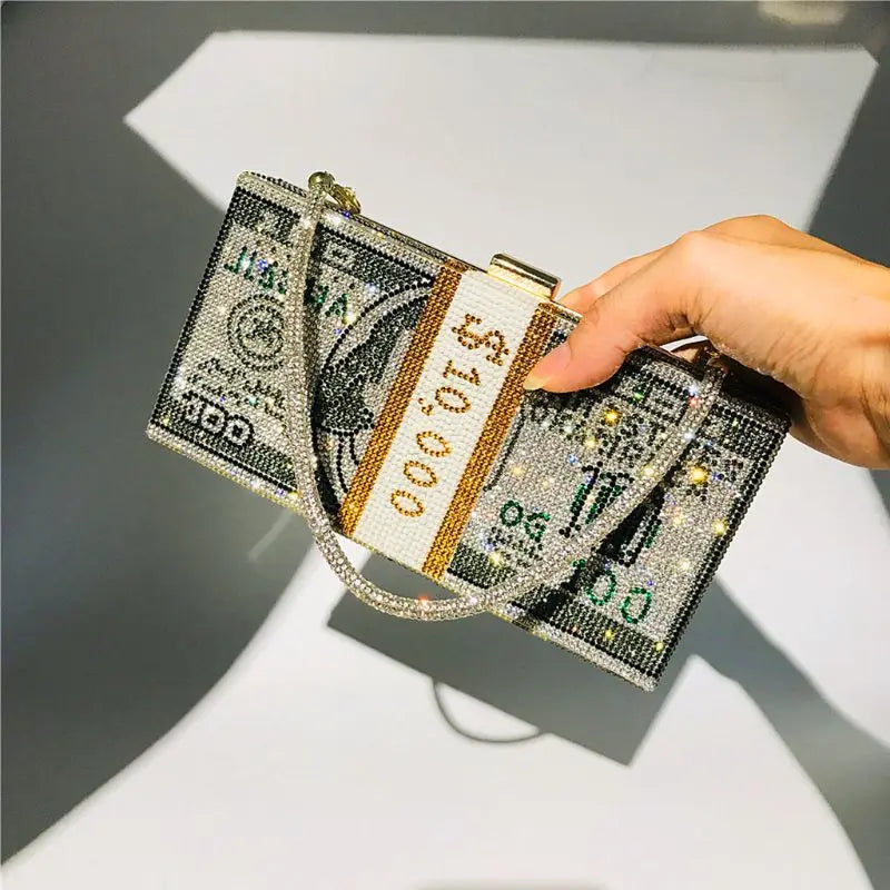 Luxury Money Clutch Rhinestone Purse 10000 Dollars Stack of Cash Evening Handbags Shoulder Wedding Dinner Bag Wallet