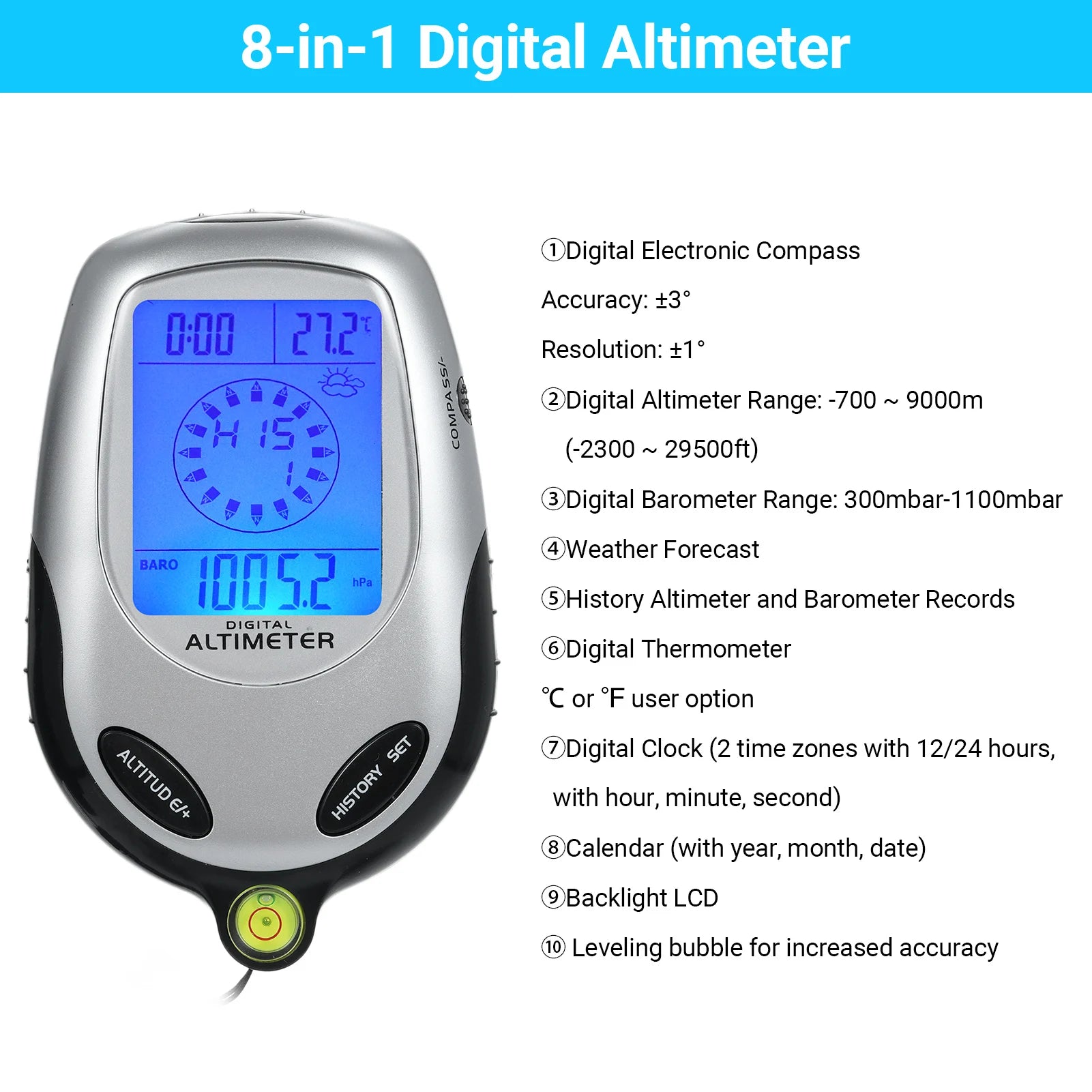8-in-1 Electronic Altimeter Compass Barometer Thermometer Weather Forecast Time Calendar Clock Outdoor Sports Climbing Tool