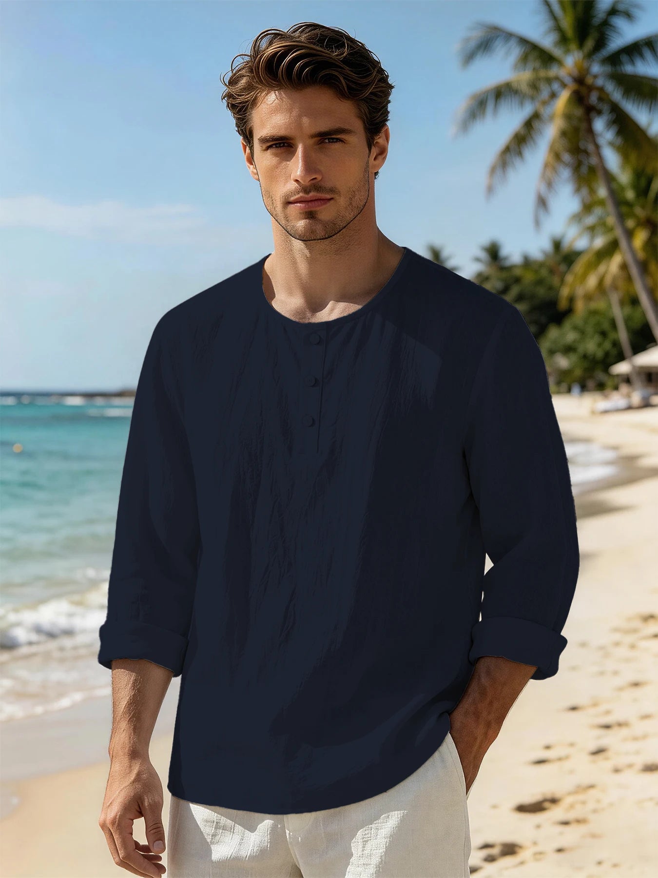 Vintage Men Linen Crinkle Henley Long Sleeve Tops, 3 Button Crew Neck Lightweight Breathable Shirts, Casual Holiday Blouses For