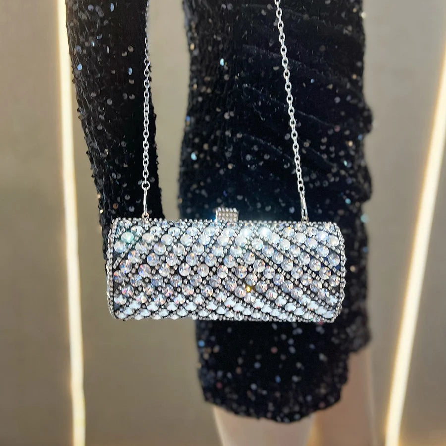 Cylindrical Shape Women Clutch Evening Bag Crystal Bridal Wedding Purse Rhinestones Handbags Chains Crossbody Bags for Women Sac