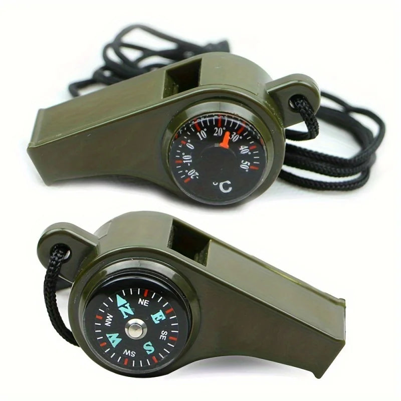 3-in-1 Emergency Survival Whistle with Compass Thermometer For Camping Hiking Outdoor Adventures Durable Metal Construction