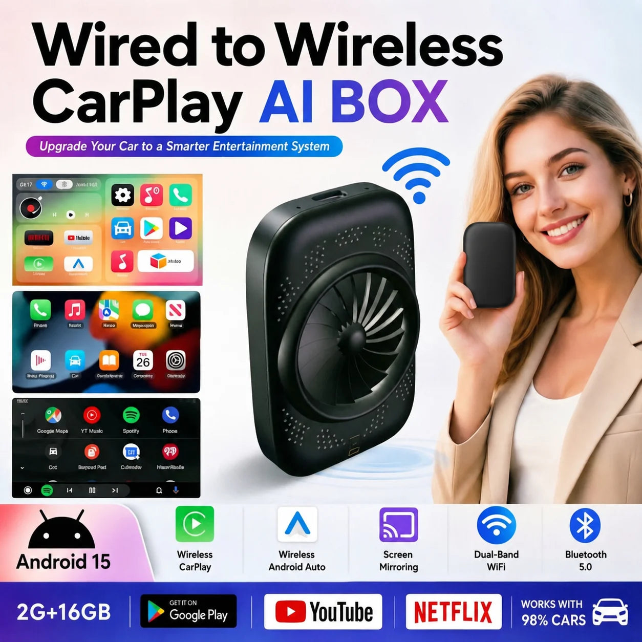 2026 Android 15 CarPlay Ai Box Wireless Android Auto 3 in 1 USB Adapter Plug & Play TV Box For Youtube Netflix Toyota Benz Ford