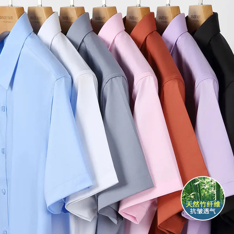 S-6XL Bamboo Fiber Stretch Men Shirt Fashion Casual Business Short-Sleeved Top Anti-Wrinkle No-Iron Solid Color Formal Shirt