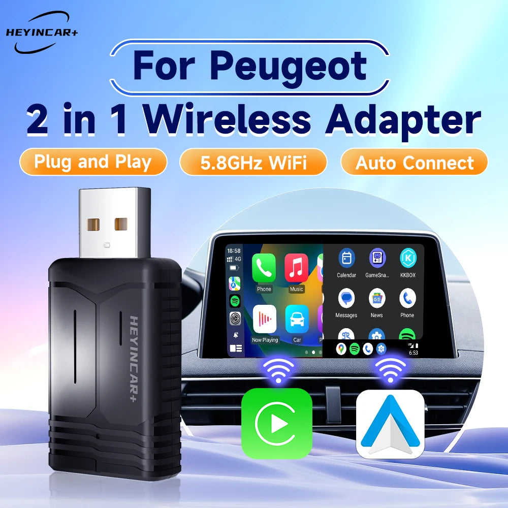 2026 New HEYINCAR 2in1 Wireless Android Auto Adapter Carplay Wireless For Peugeot 208 308 408 508 2008 3008 4008 5008