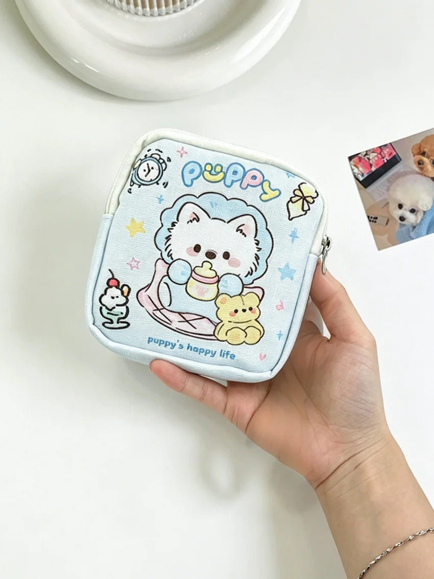 Cute Puppy Print Storage Pouch, Light Blue Handheld Organizer for Cosmetics, Cables, Coins, Travel Must-have