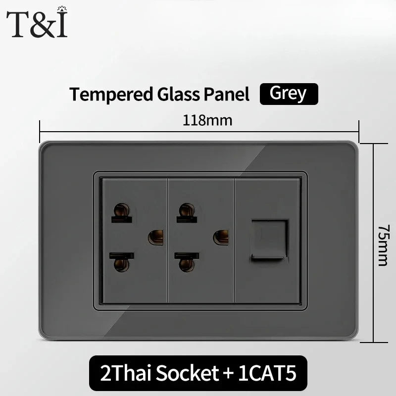 118*75mm TEMPERED GLASS SWITCH PANEL Wall Socket with USB Type - C, Grey US Switch, Thai Plug for Home & Office Use