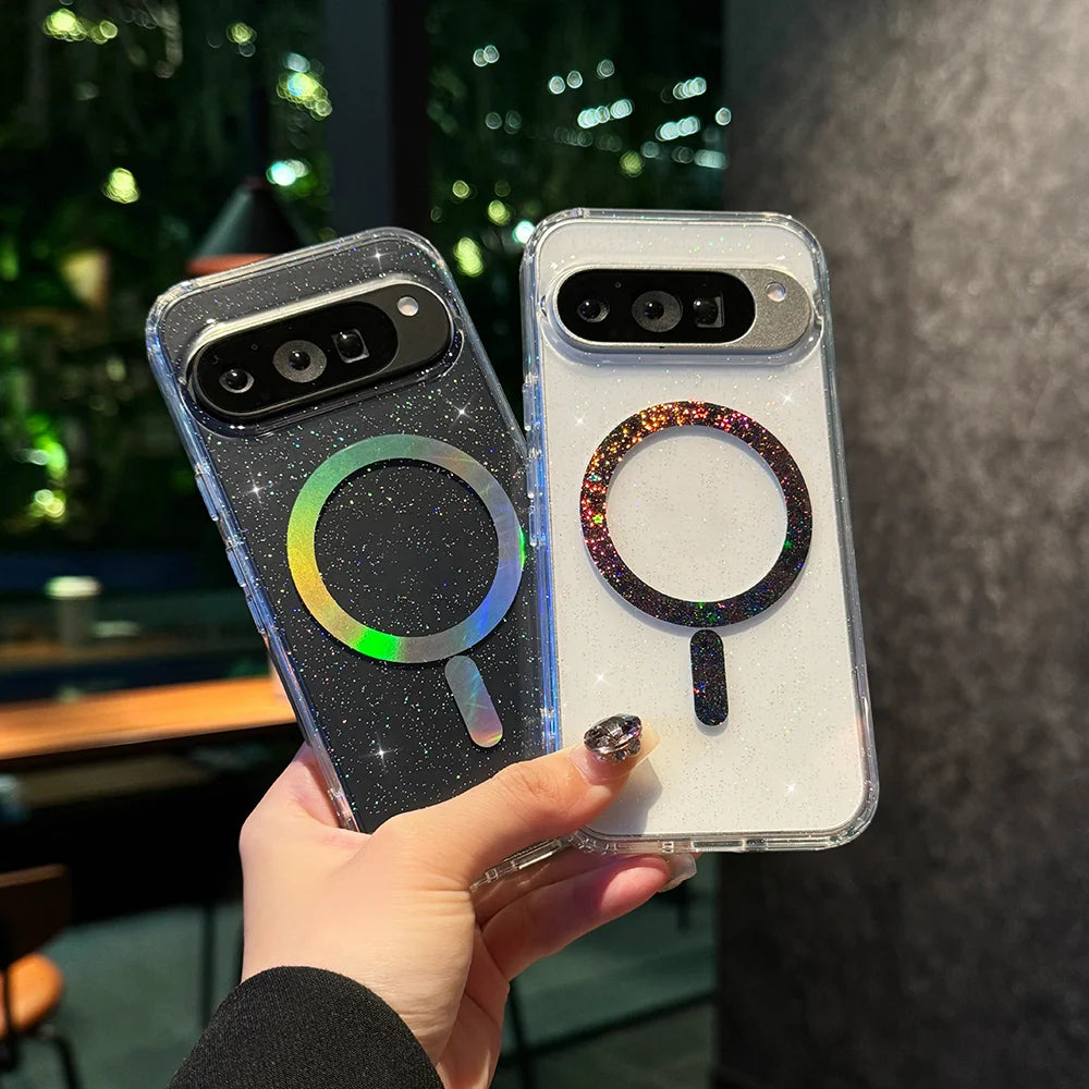 Bling Glitter Transparent Wireless Charge for Magsafe Phone Case For Google Pixel8 A Pro 9Pro XL Magnetic Clear Shockproof Cover