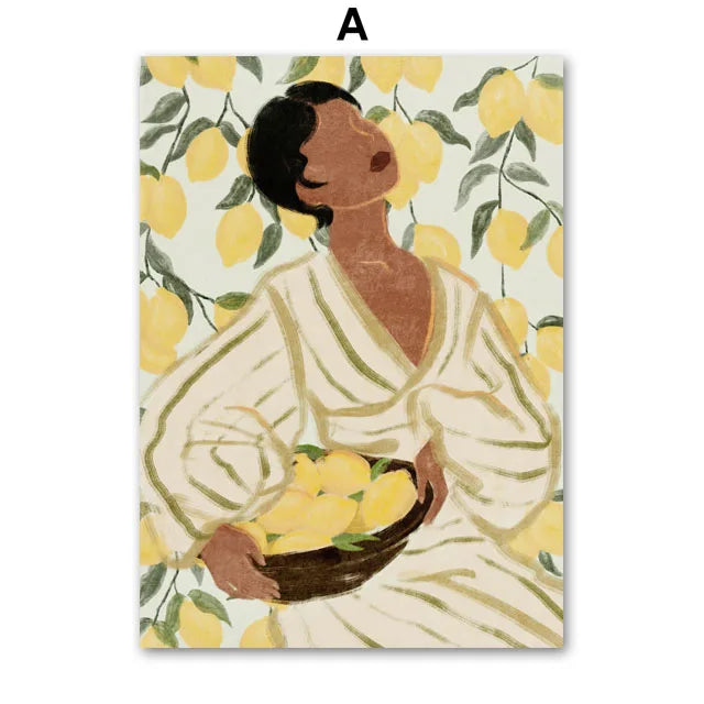 Retro Pajama Girl Lemon Flowers Vase Abstract Gallery Poster And Prints Wall Art Canvas Painting Pictures For Living Room Decor
