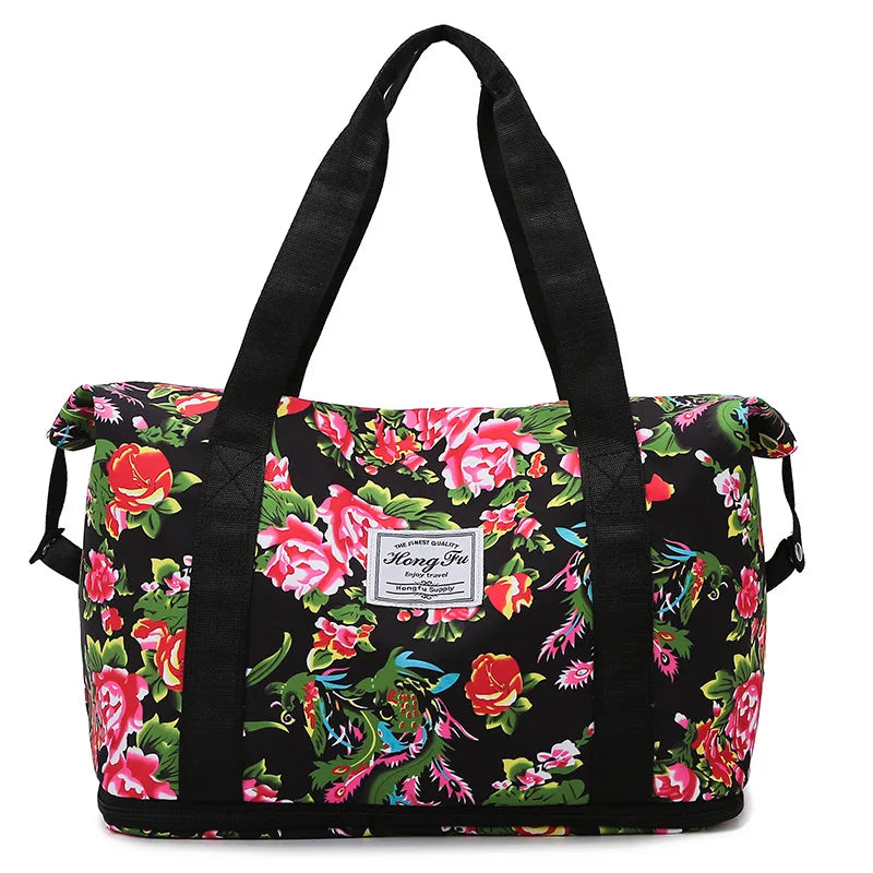 Travel Bag Northeast Big Flower Simple Business Trip Shoulder Bag Fitness Sports Storage Bag Expandable Unisex Oxford Cloth
