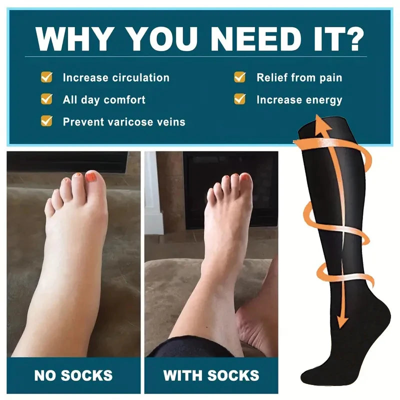Unisex Anti-Fatigue Varicose Veins Compression Socks for Golf Rugby Running Hiking Travel & Driving - Medical Grade Support for