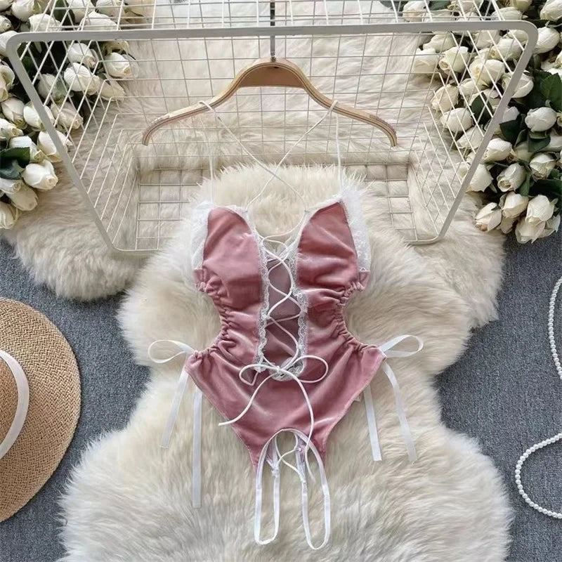 Sweet Bunny Lingerie Set Women Sexy Soft Plush Cute Bowknot Sweet Nightgowns Christmas Rabbit New
