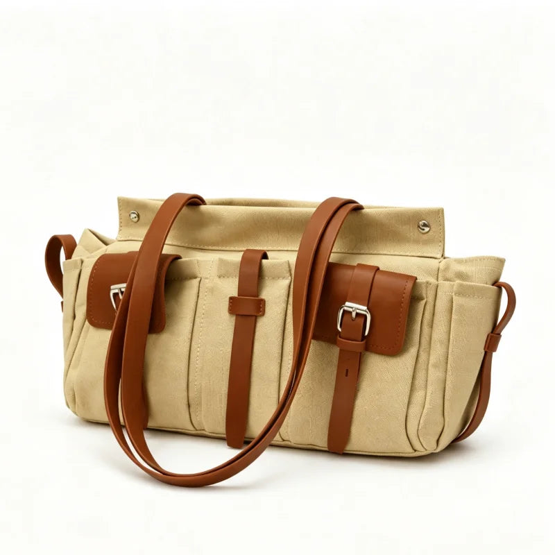 Luxury Canvas Leather Multi-Pocket Tote Bag,Women Zipper Closure Vintage Shoulder Bag,Motorcycle Biker Style Handbag,Lightweight