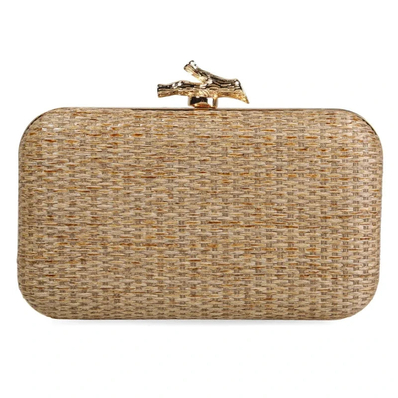 Summer New Outdoor Wedding Seaside Clutch Ladies Handmade Straw Woven Bags Elegant Gold Metal Knot Buckle Party Evening Bags