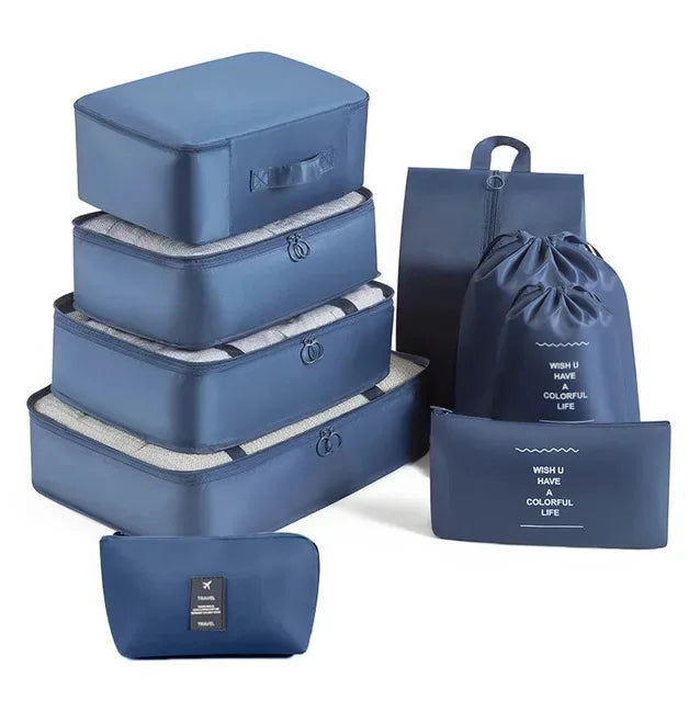 9Pcs Travel Organizer Bags Suitcase Packing Cubes Portable Fold Wardrobe Luggage Clothes Makeup Digital Shoe Storage Bags