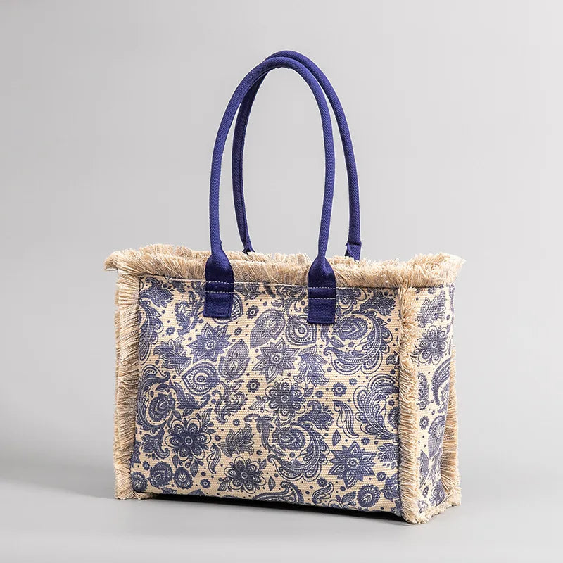 Tote bag Bohemian retro shoulder bag Zipper handbag Large capacity canvas bag Women's summer