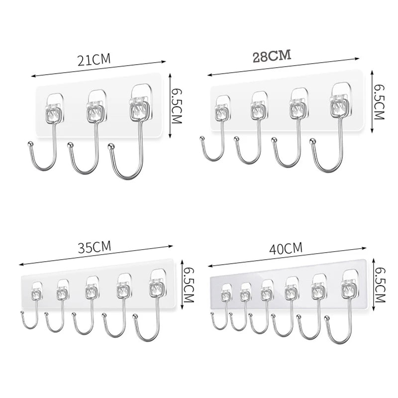 3/4/5/6 Row Transparent Wall Hooks Strong Adhesive Door Wall Hangers for Kitchen Bathroom Towel Clothes Key Holder Organizers