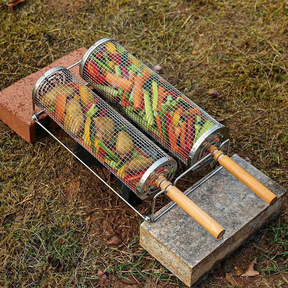 Stainless Steel Rolling BBQ Grill Basket, Wooden Handle Rotatable Mesh Barbecue Tube For Outdoor Camping Grilling