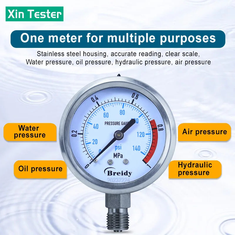 Xin Tester Radial 0-60mpa Hydraulic Water Pressure Gauge Glycerin Free Stainless Steel Anti-vibration Manometer G 1/4 G1/2