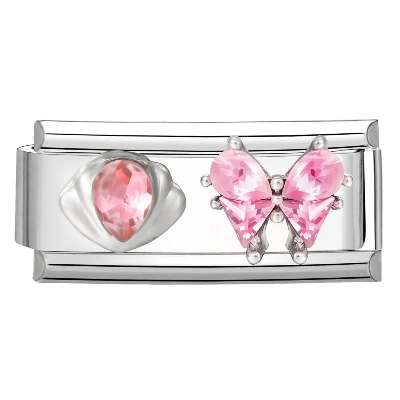 Y2K Zircon Pink Heart Star Butterfly Bow Long Italian Charm Link Fit 9mm Bracelet Stainless Steel Women DIY Making Jewelry Gifts