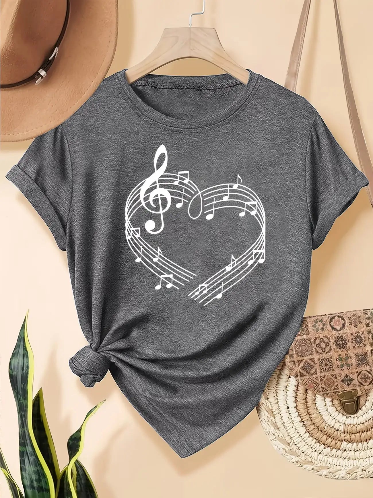 Plus Size Women's Short Sleeve T-Shirt Music Notes Heart Design Print breathable fabric summer outfits women's clothing