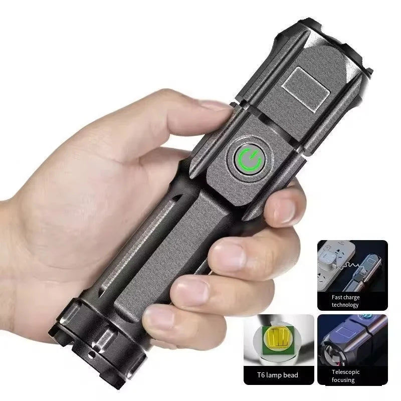 4 Lighting Mode Strong LED Flashlights Waterproof Zoom Tactical Torch USB 18650 Portable Spotlight Long-Range Camping Flashlight