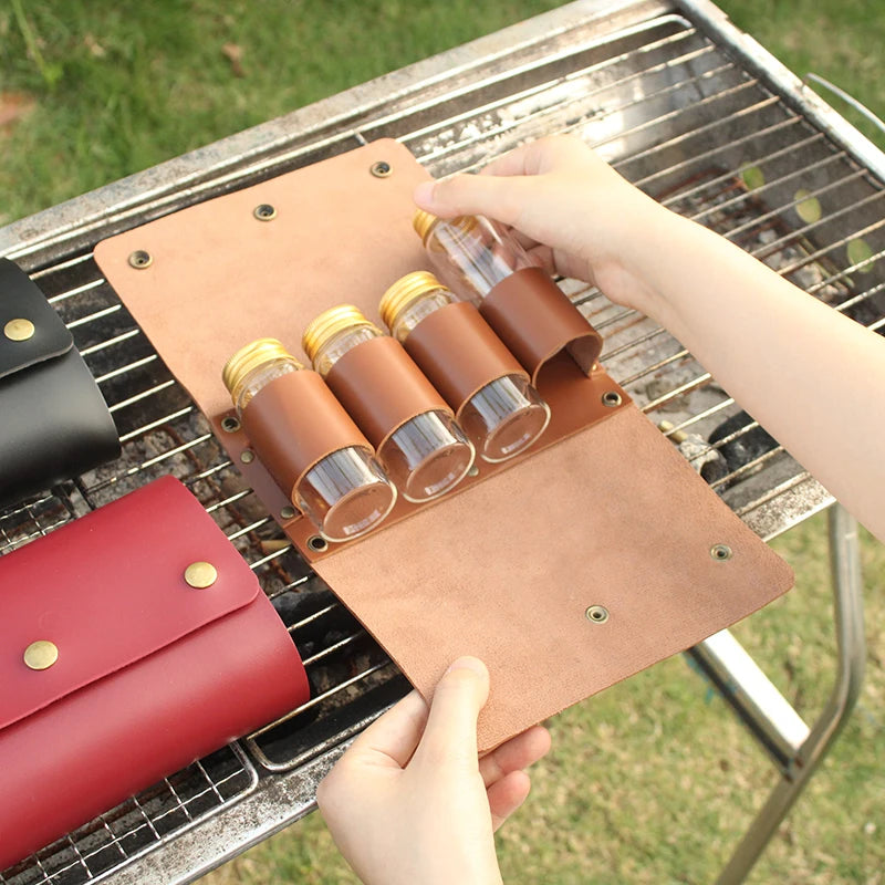 Portable Spice Bag with 4 Spice Jars, Folding leather Seasoning Storage Bag, Travel Spice Containers for Outdoor Camping BBQ Pic