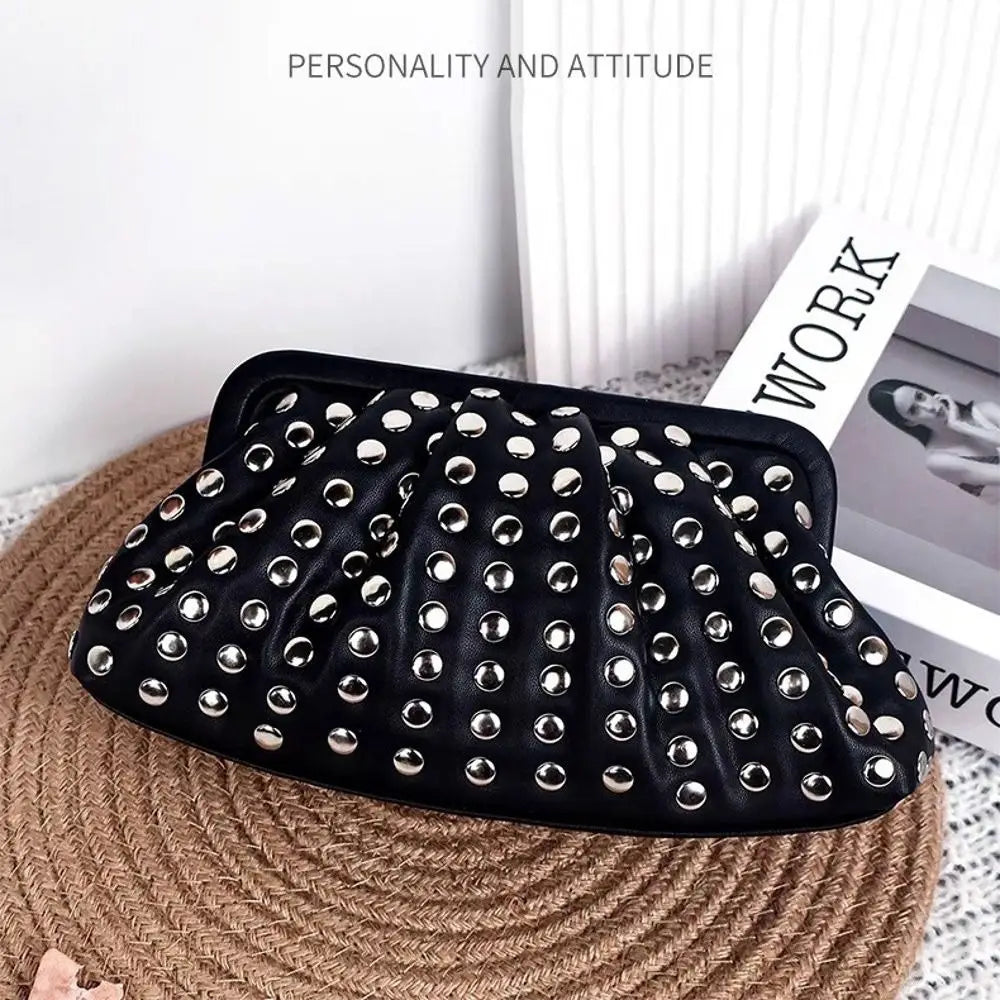 Casual Vintage Clutch Purse PU Leather Pleated Design Handbag Magnetic Buckle Rivet Detail Shell Shape Wallet for Women