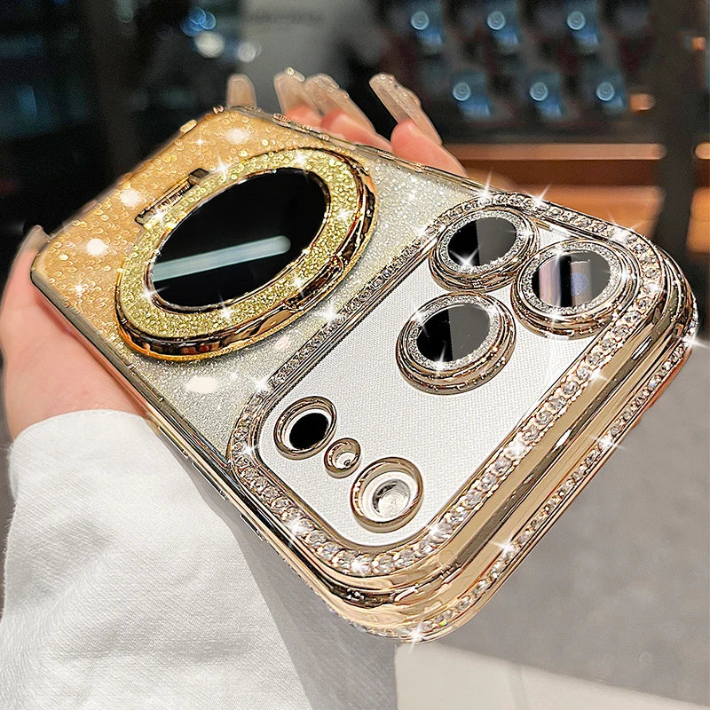 Luxury Diamond Clear Glitter For Magsafe Case For iPhone 17 16 15 14 13 12 11 Pro Max Air Mirror Magnetic Holder Stand Cover
