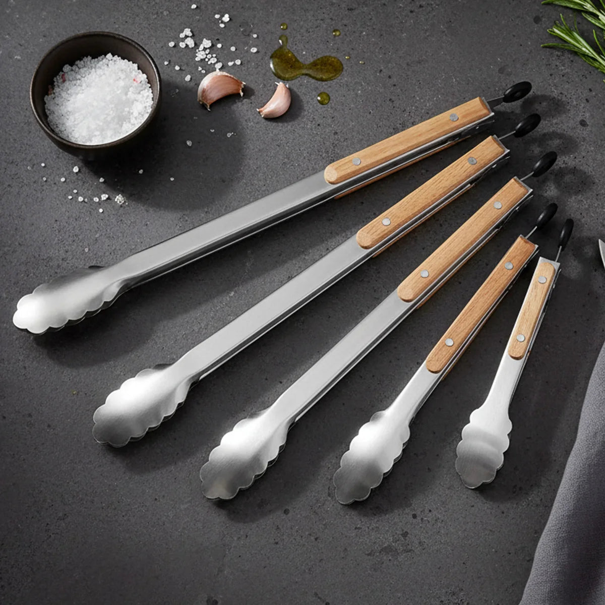 Leeseph Stainless Steel Food Tongs, 7-16 Inch Length, Heavy Duty Kitchen Tongs with Wooden Handle for Cooking, Grilling and BBQ