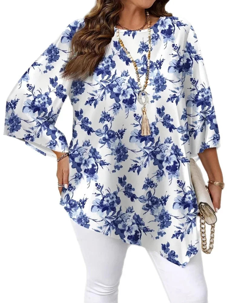 New Round Neck Plant Floral Seven Quarter Sleeved Top Loose and Elegant Plus Size Temperament Short Sleeved T-shirt  Commute