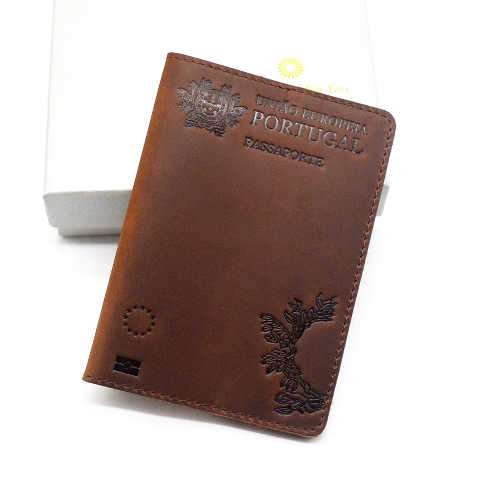 Unisex Genuine Leather Passport Cover Portugal Retro Cow Portuguese Passport Holder Protector Case Travel Wallet