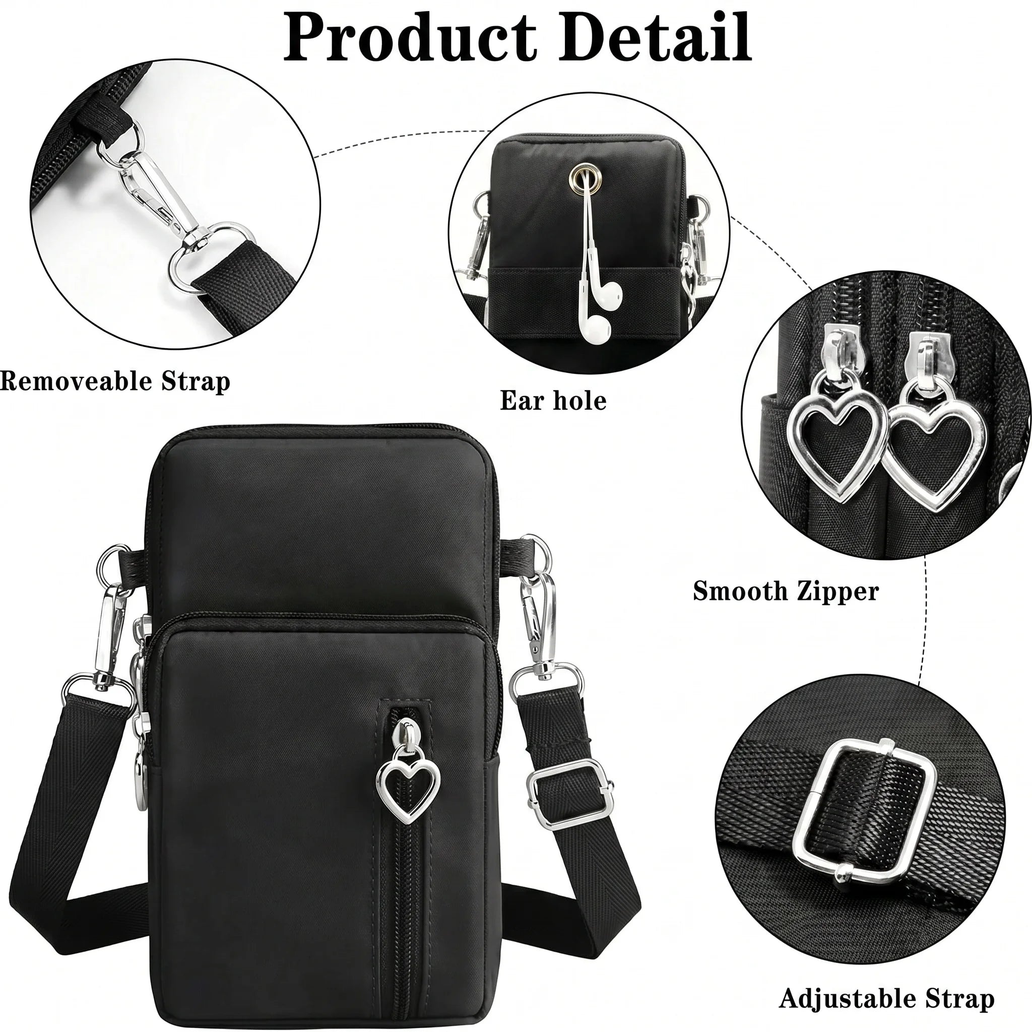 Waterproof Nylon Mini Crossbody Phone Bag for Women Heart Metal Zipper Multi Compartment Shoulder Arm Bag Phone Purse Wallet