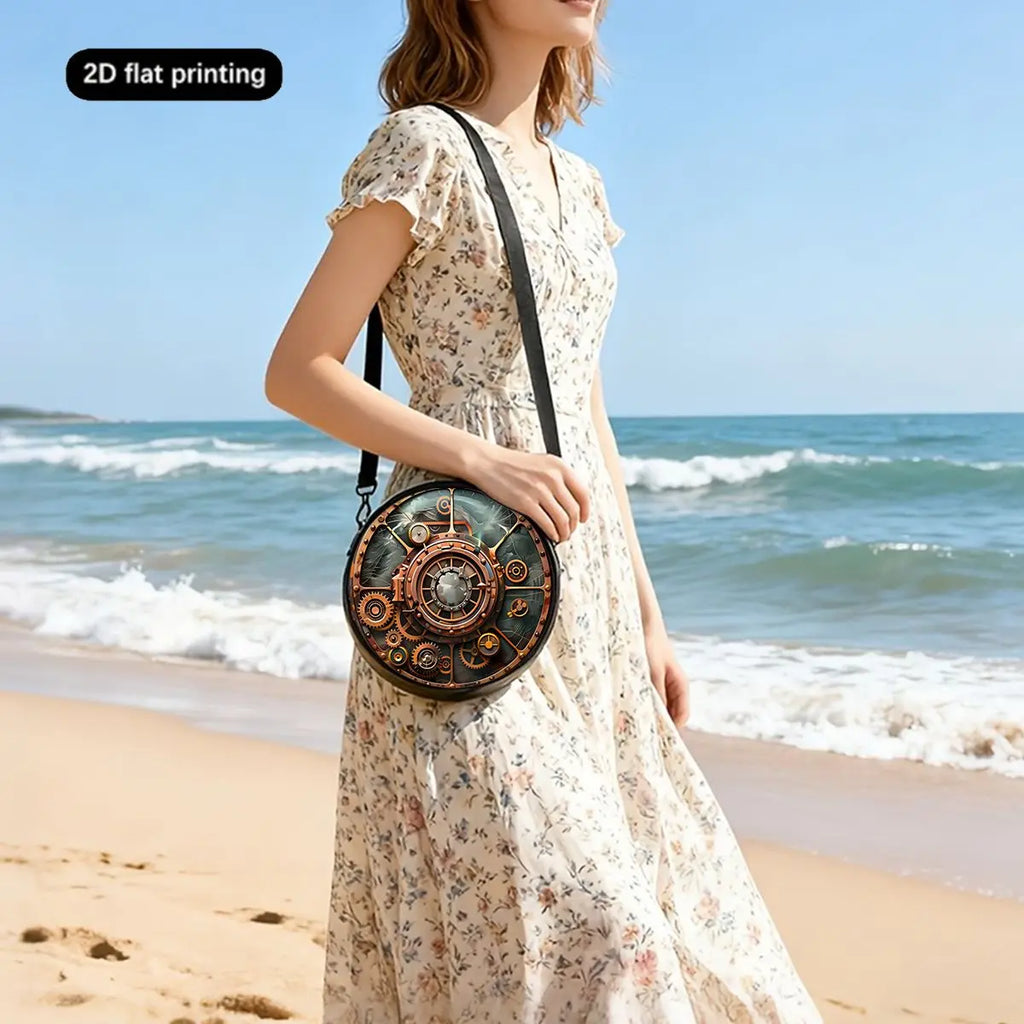 Gear Print Round Shoulder Bag Casual Messenger Bag Daily Adjustable Strap Crossbody Bag for Woman Best Gifts 2D Flat