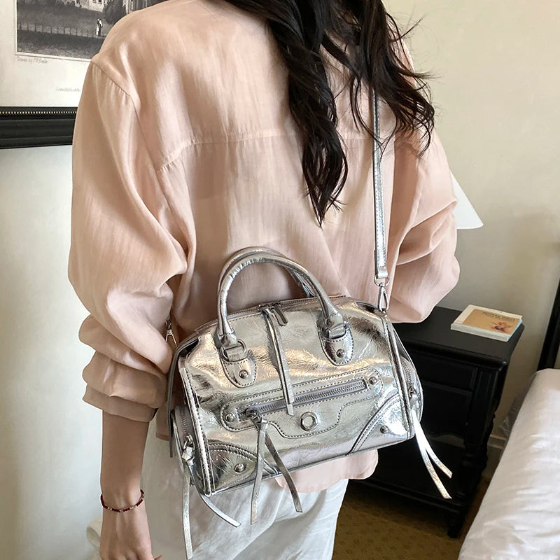 Luxury Metallic Silver Gold Patent Leather Motorcycle Bag Cool Rivet Tassel Mini Boston Handbag Trendy Crossbody Purse