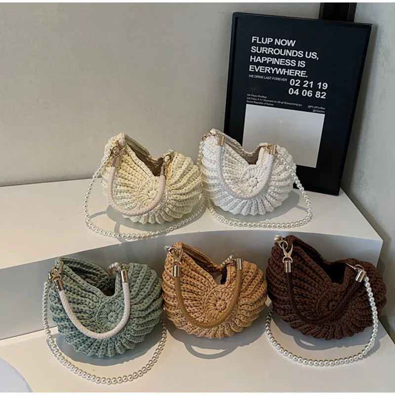 Creative Candy Color Conch Bag For Women Crochet Shoulder Bags Funny Cute Pearls Chains Handmade Weave Crossbody Hobo Shell Bag