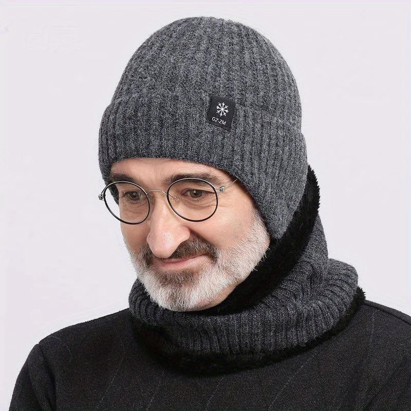 Men's Winter Thermal Faux Fur Lined Beanie with Ear Flaps, Thicken Knitted Cap for Windproof Skiing, Hiking, Cycling Bomber Hats