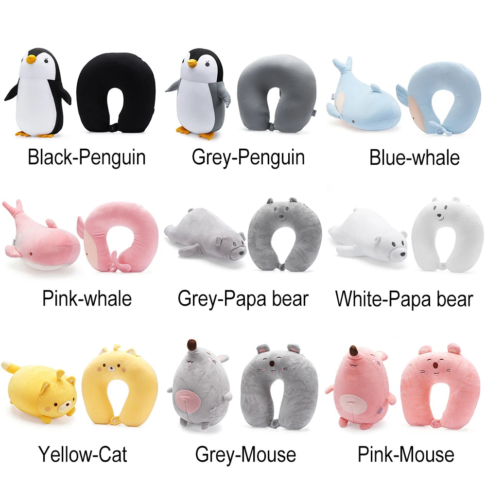 Cute Soft Bedding Multifunctional Cervical Cartoon Protection Neck U Shaped Travel Pillow Penguin Whale Fluffy Pillows