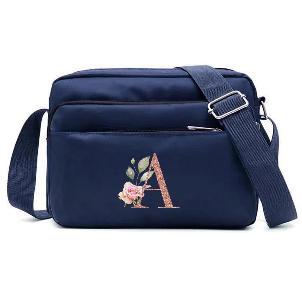 Large Capacity Travel and Commuting Storage Blue Bag Rose Gold Series Print Pattern Multi-layer One Shoulder Crossbody Bag