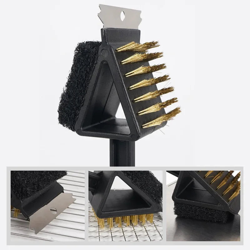 1pc 3 In 1 Corner Copper Wire Brush Barbecue Grill Oven Cleaning Bbq Brush Copper Wire Sponge Shovel Long Handle