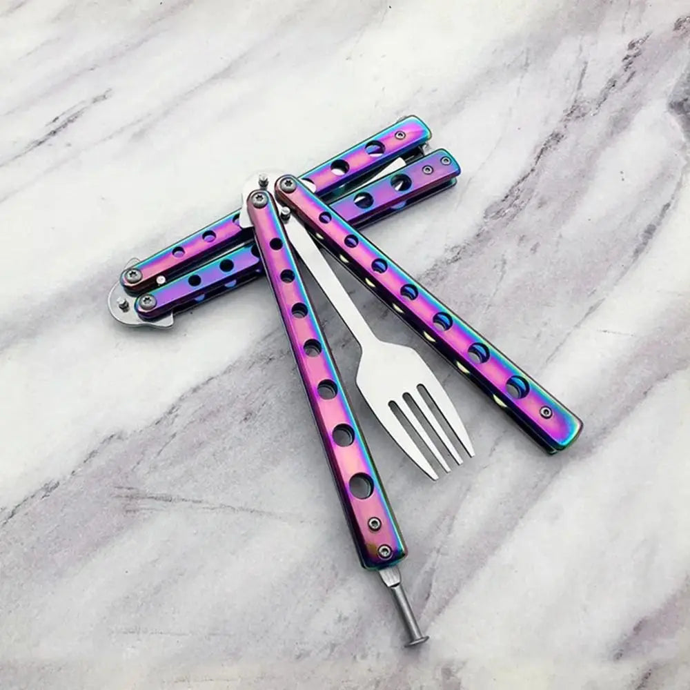 Durable Stainless Steel Butterfly Folding Spoon Fork Practice Training Outdoor Camping Tableware Balisong Training Tool