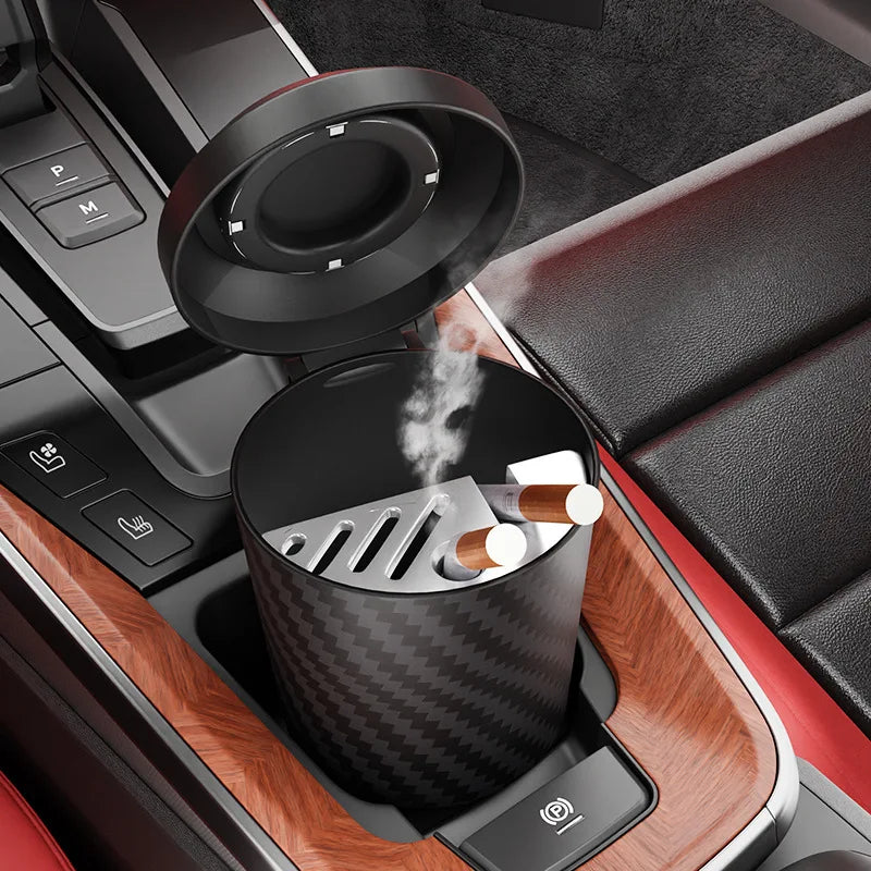 Carbon Fiber Texture Car Ashtray Portable Auto Ashtray with Lid Detachable Smokeless Cup Holder Ashtray for Car Interior Smoking