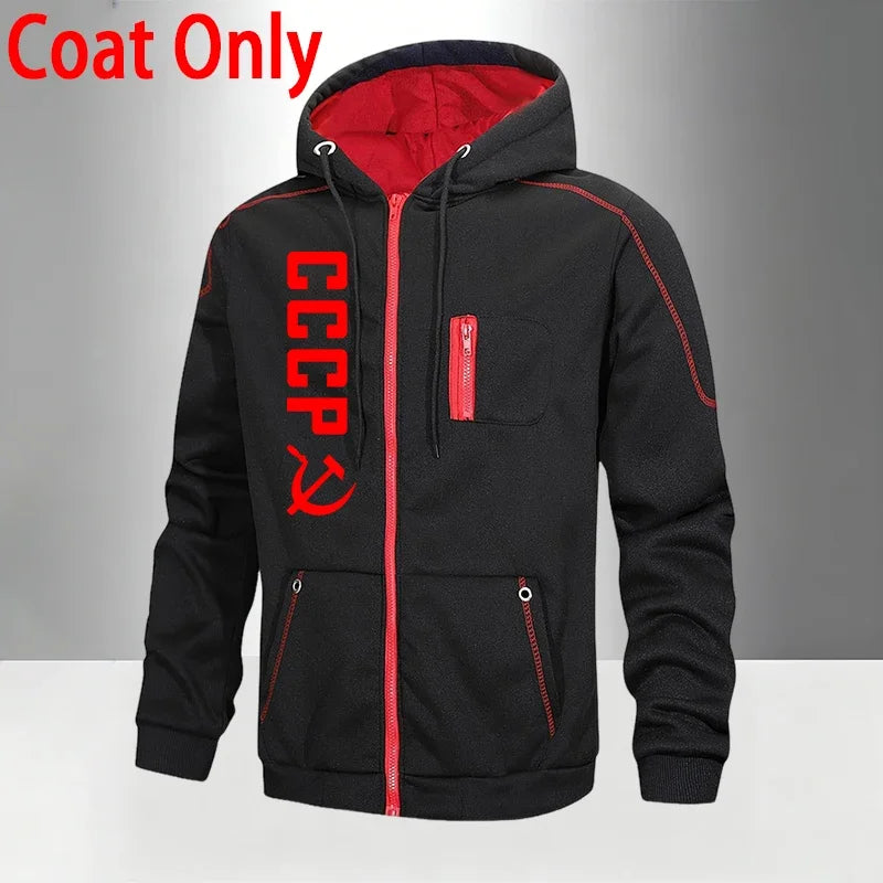 Men's Set/Coat/Pants CCCP Fashion Tracksuit Zipper Hooded Coat & Sweatpants Fall Winter Daily Casual Sports Jogger Sportswear