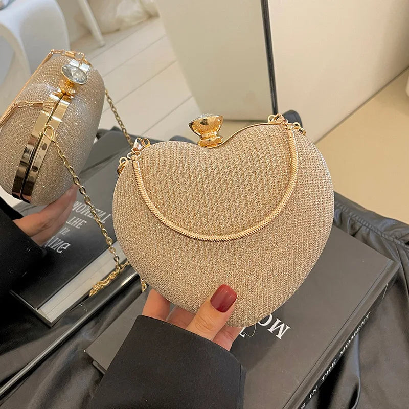 Evening Clutch Bag Women Shiny Handbag Heart Shape Metal Clutches Bag Fashion Chain Shoulder Crossbody Bags Luxury Lady Purse
